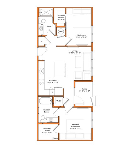 Floor plan for 2 beds, 2 baths, 904 sqft